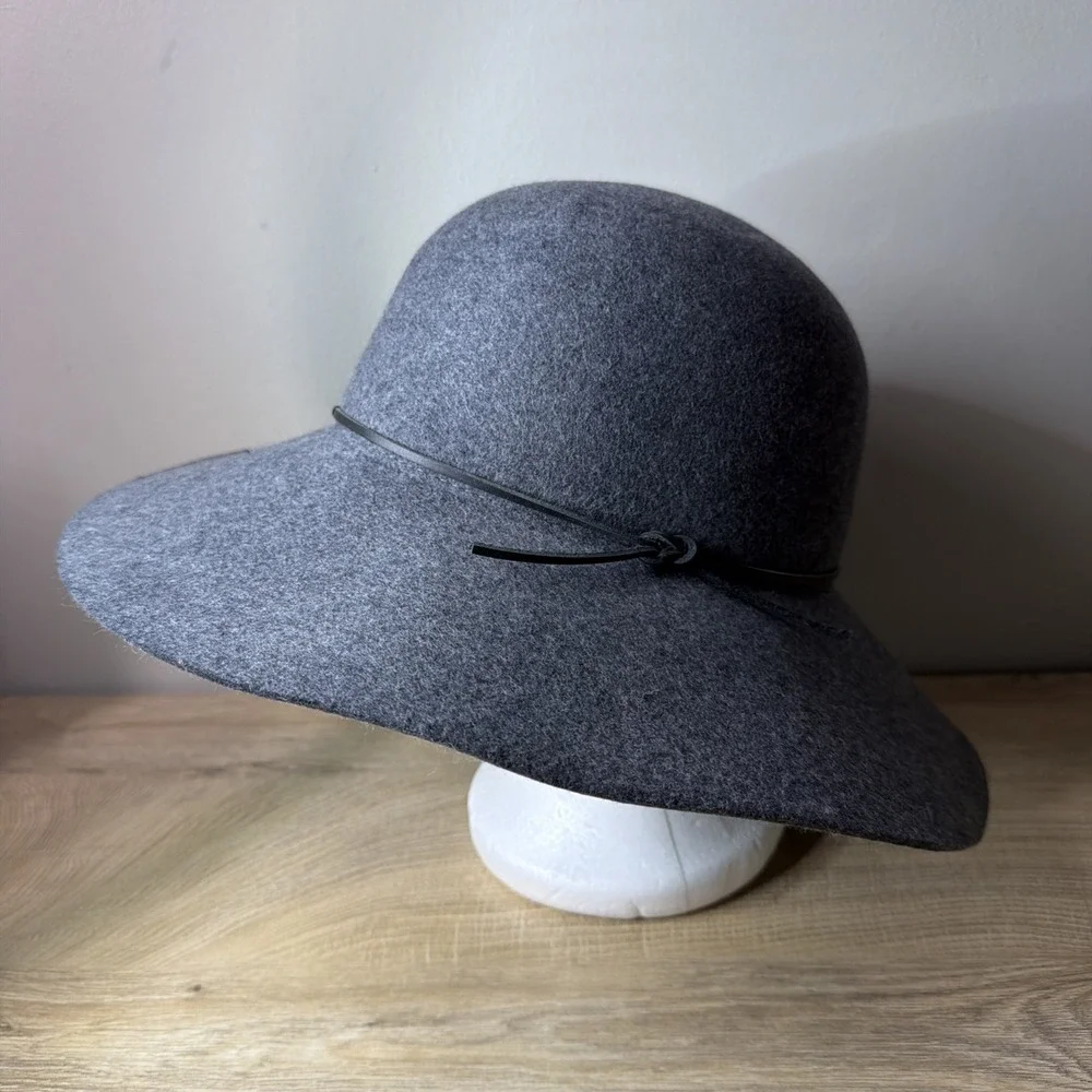 Phenix Hat Grey Wool Floppy Wide Brim Fedora Wool Leather Trim Boho Western Vibe